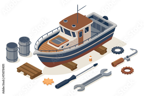 Detailed scene of marine boat engine repair, meticulous tools, greasy mechanics, workshop, workshop bench, engine parts, oil stains.