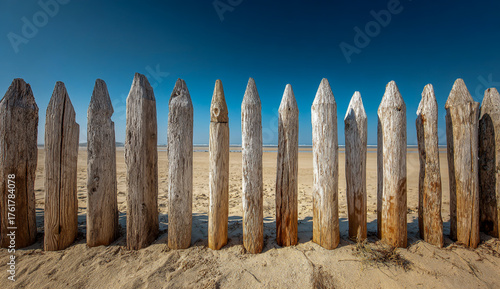 Weathered wooden posts stand in a row on a sandy beach under a clear blue sky