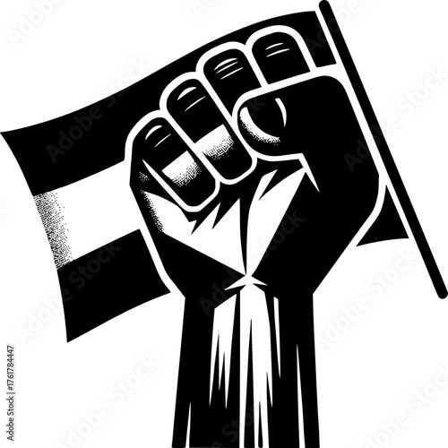The Hand of Unity: A powerful symbol of strength and solidarity, a clenched fist boldly raises a flag, embodying the spirit of patriotism and national pride.