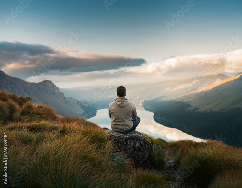 Solitary Figure  contemplate By Reflective Lake Under Dramatic Evening Sky