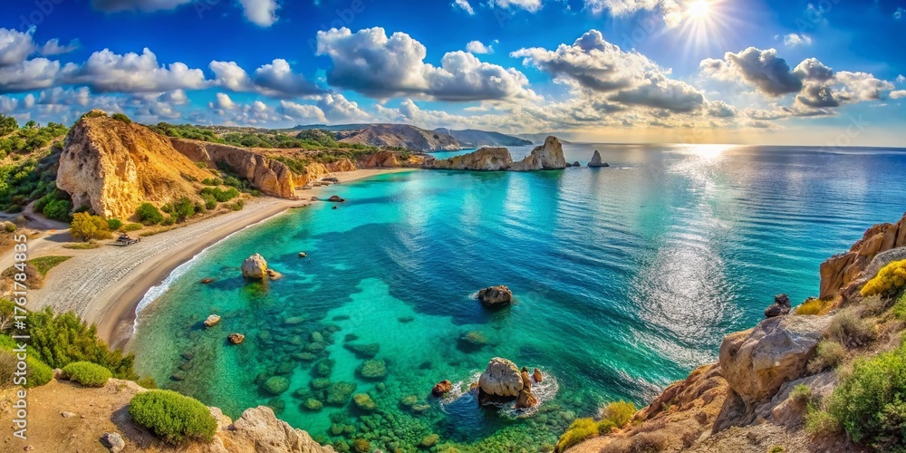 Obraz premium Cyprus Aphrodite Bay Panoramic Mediterranean Sea Coastal Landscape