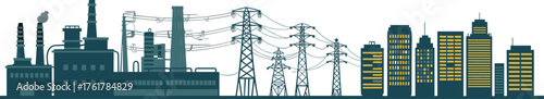 Industrial factories, smokestacks, transmission towers, power lines, electricity grid, energy infrastructure, urban skyline, cityscape, power distribution, industrial urban development, technology