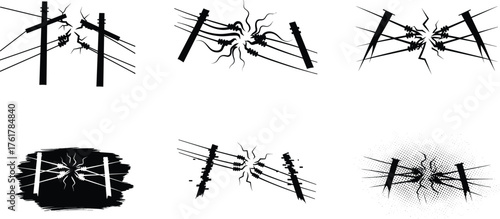 Vector illustrations of electrical power line faults, utility pole damage, sparking wires, short circuits, and infrastructure failure in black and white.