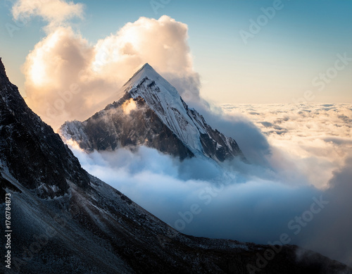 Majestic Mountaintop Surrounded by Clouds Under a Clear Blue Sky