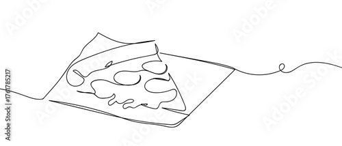 One slice of pizza on a wrapper. Continuous line drawing hand drawn line art on transparent background. One line continuous outline isolated vector illustration. Editable stroke