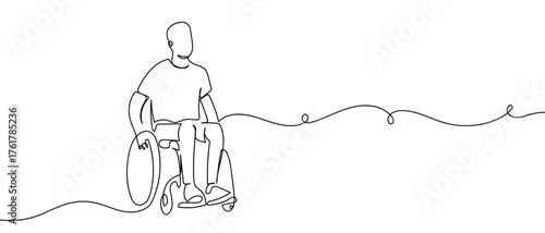 Man sitting in wheelchair, continuous line drawing hand drawn line art on transparent background. One line continuous outline isolated vector illustration. Editable stroke