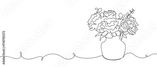 Beautiful bouquet of flowers in a vase, continuous line drawing hand drawn line art on transparent background. One line continuous outline isolated vector illustration. Editable stroke