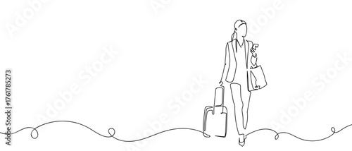 A hostess dragging luggage holding a smartphone in hand. Continuous line drawing hand drawn line art on transparent background.One line continuous outline isolated vector illustration. Editable stroke