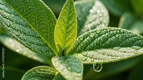 Vibrant green leaves with glistening water droplets, fresh and natural beauty