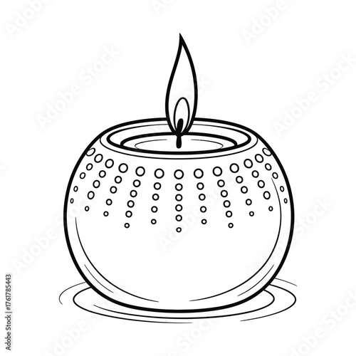 Simple line drawing of a lit round candle in a decorative glass holder