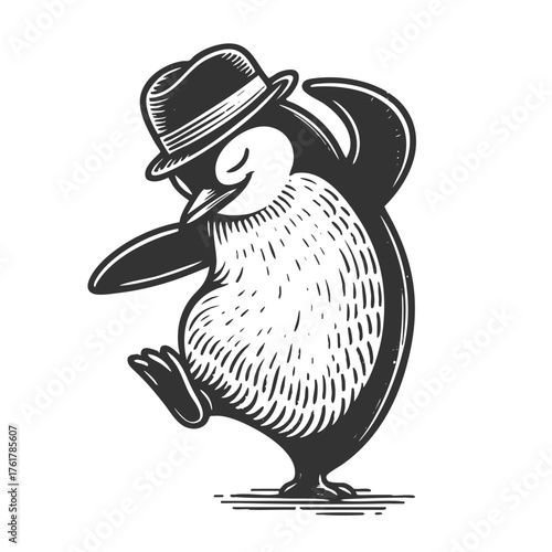 joyful penguin dancing with a fancy hat, full of charm and whimsical energy sketch engraving generative ai fictional character vector illustration. Scratch board imitation. Black and white image.