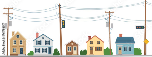 Residential houses, suburban neighborhood, utility poles, electrical transformers, power lines, traffic lights, road sign, city infrastructure, electricity distribution, community living, architecture