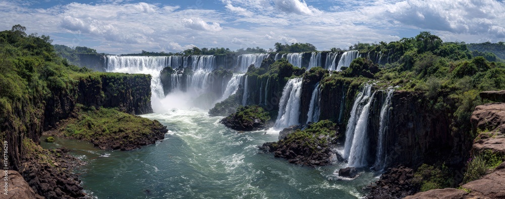 Naklejka premium Panoramic view of Iguazu Waterfalls cascading over cliffs in lush subtropical forest landscape, nature travel photography
