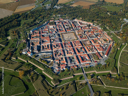 Aerial view of the fortified town of Neuf Brisach, a UNESCO Heritage Site, Alsace, France