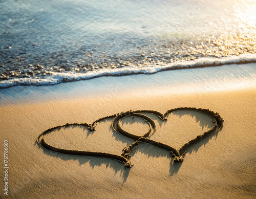 Romantic Beach Scene With Two Hearts Drawn in the Sand