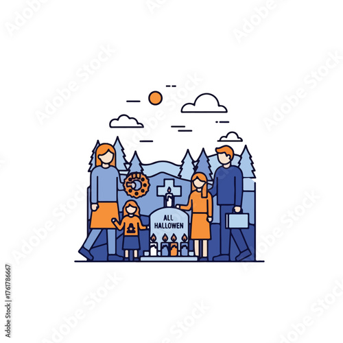 Flat vector illustration series inspired by All Hallows’ Day (All Saints’ Day) — featuring calm scenes of candle lighting, remembrance, and spiritual reflection. Designed in a minimalist flat design s