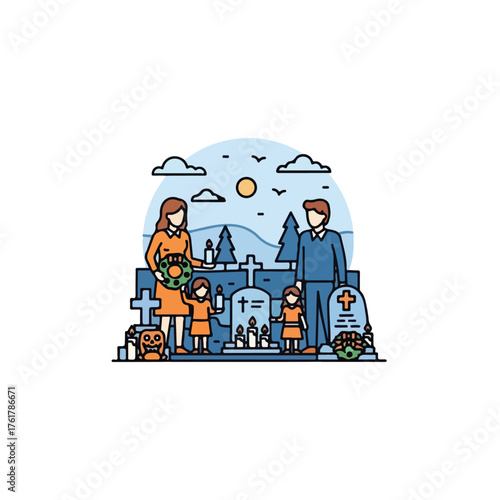 Flat vector illustration series inspired by All Hallows’ Day (All Saints’ Day) — featuring calm scenes of candle lighting, remembrance, and spiritual reflection. Designed in a minimalist flat design s