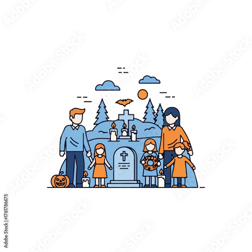 Flat vector illustration series inspired by All Hallows’ Day (All Saints’ Day) — featuring calm scenes of candle lighting, remembrance, and spiritual reflection. Designed in a minimalist flat design s