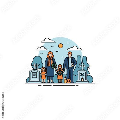 Flat vector illustration series inspired by All Hallows’ Day (All Saints’ Day) — featuring calm scenes of candle lighting, remembrance, and spiritual reflection. Designed in a minimalist flat design s