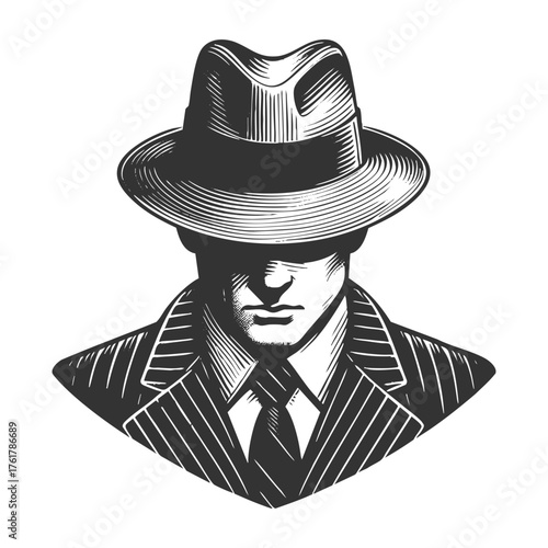 shadowed man in a fedora and pinstripe suit, evoking mystery, noir style, and classic detective themes sketch engraving generative ai vector illustration. Scratch board. Black and white image.
