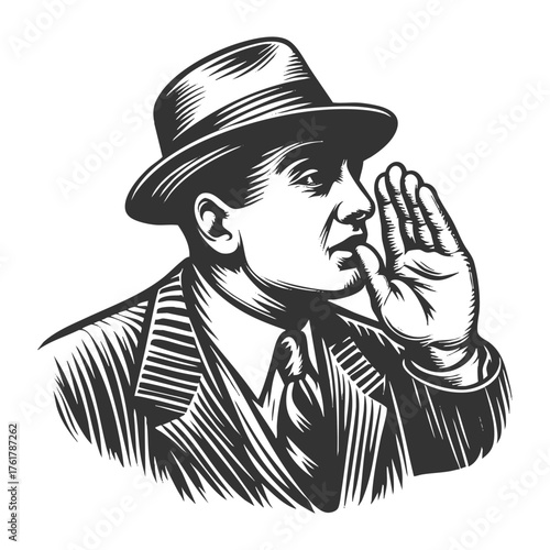 gangster or mobster whispering, wearing a pinstripe suit and fedora, sketch engraving generative ai fictional character vector illustration. Scratch board imitation. Black and white image.