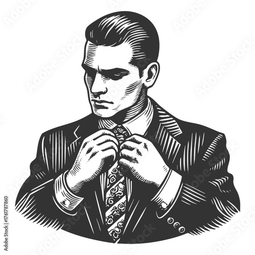 sharp-dressed man adjusting his tie, symbolizing confidence, professionalism, and ambition sketch engraving generative ai fictional character vector illustration. Scratch board. Black and white image.