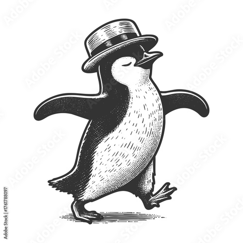 joyful penguin dancing with a fancy hat, full of charm and whimsical energy sketch engraving generative ai fictional character vector illustration. Scratch board imitation. Black and white image.