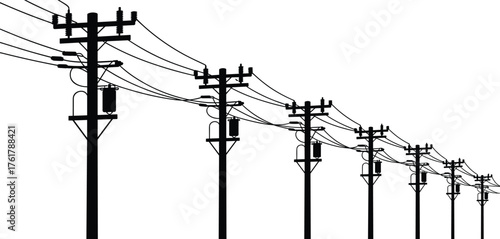 Utility poles silhouette, electrical transformers, power lines, electricity distribution, energy infrastructure, voltage network, urban grid, industrial structure, engineering design, perspective 