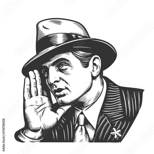gangster or mobster whispering, wearing a pinstripe suit and fedora, sketch engraving generative ai fictional character vector illustration. Scratch board imitation. Black and white image.