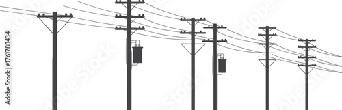 Utility poles silhouette, electrical transformers, power lines, electricity distribution, energy infrastructure, voltage network, urban grid, industrial structure, engineering design, technology
