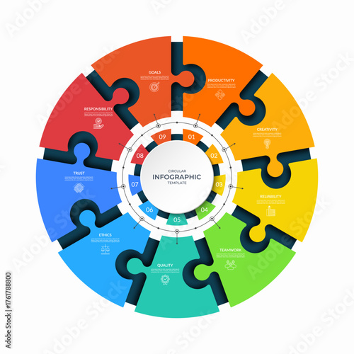 Modern circular infographic template with nine connected puzzle segments. Vector diagram with 9 steps, parts, options. Can be used for business report, analytics, data visualization and presentation.