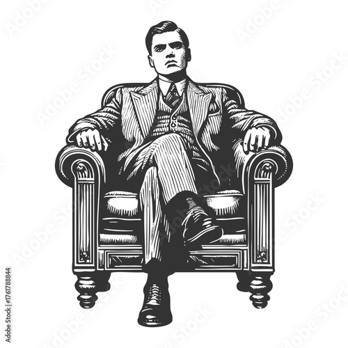 gangster in a suit and sunglasses sitting with authority in a grand armchair sketch engraving generative ai fictional character vector illustration. Scratch board imitation. Black and white image.