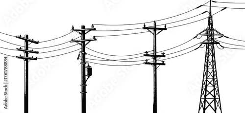 Utility poles, transmission tower, electrical transformer, power lines, electricity distribution, energy infrastructure, voltage network, industrial grid, engineering design, technology illustration
