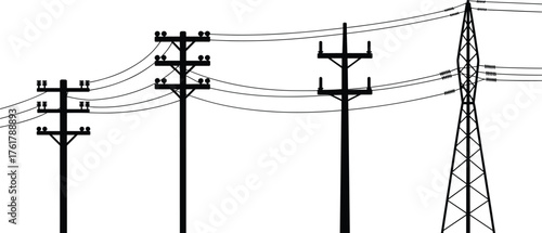 Utility poles, transmission tower, electrical infrastructure, power lines, electricity distribution, voltage network, industrial grid, urban energy system, engineering design, technology, structure