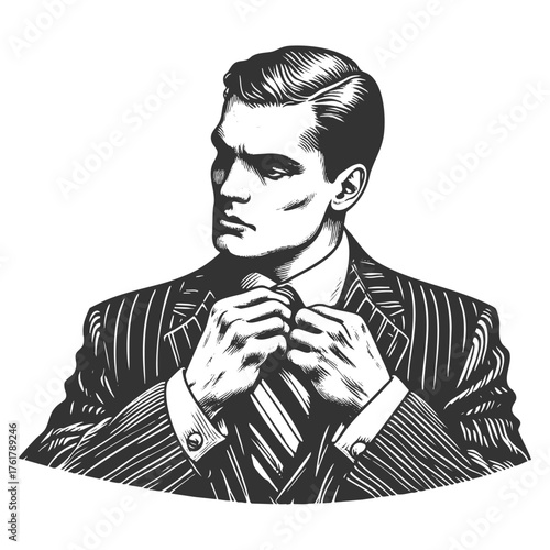 sharp-dressed man adjusting his tie, symbolizing confidence, professionalism, and ambition sketch engraving generative ai fictional character vector illustration. Scratch board. Black and white image.
