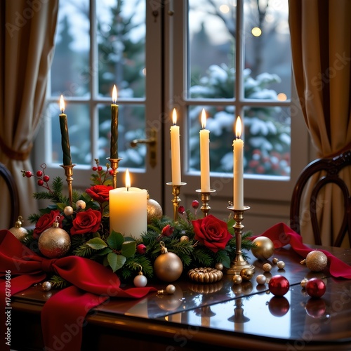 Golden candlelight, velvet ribbons and table decorations reflect light, creating a romantic Christmas atmosphere.