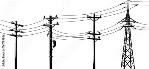 Utility poles, transmission tower, electrical transformers, power lines, electricity distribution, energy infrastructure, voltage network, industrial structure, urban grid, engineering