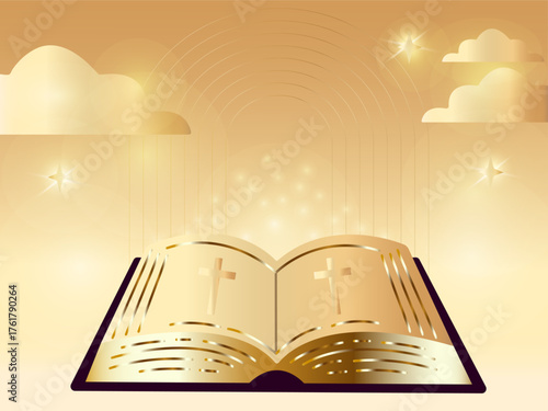 Opened Holy Bible on glowing golden background. Vector illustration