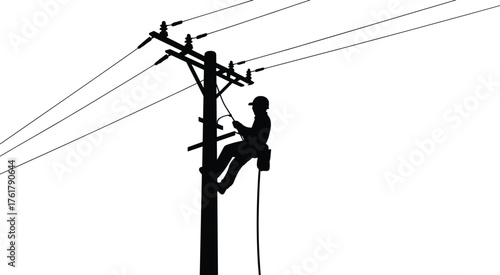 Utility worker silhouette, electrical lineman, safety harness, helmet gear, power line maintenance, electricity distribution, energy infrastructure, industrial repair, engineering work, technology