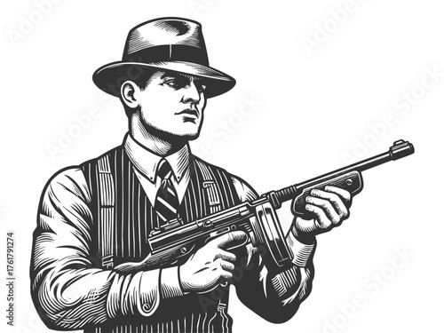 gangster in a pinstripe suit holding a Tommy gun and wearing a fedora sketch engraving generative ai fictional character vector illustration. Scratch board imitation. Black and white image.