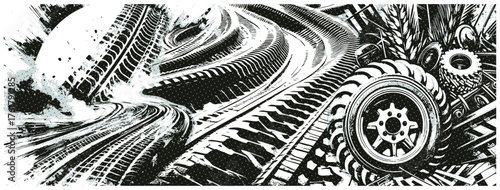 Black and white racing car vector illustration on road track design