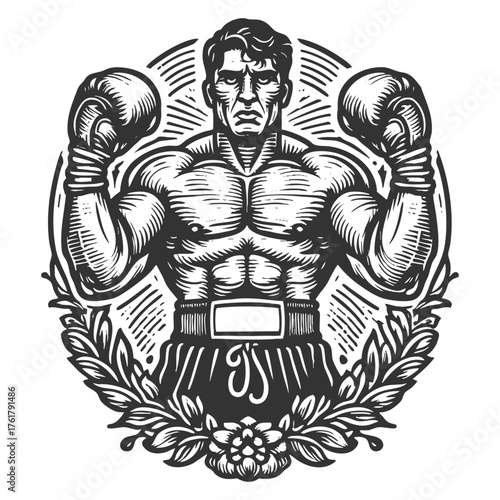 muscular male boxer, posed triumphantly with arms raised. Surrounded by laurel leaves and flowers sketch engraving generative ai fictional character vector illustration. Scratch board. Black and white