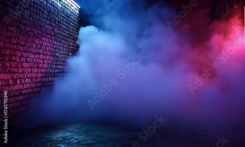 Empty street background with red and blue neon lights on brick wall and wet pavement video loop.