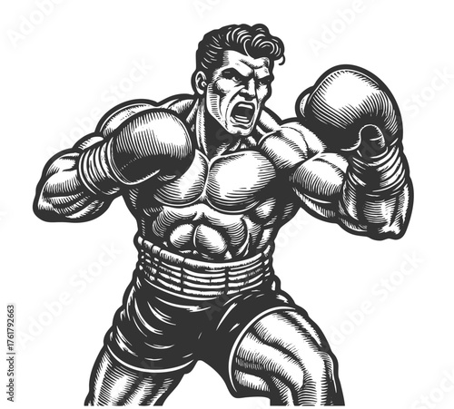 focused boxer in a fighting stance, highlighting power, discipline, and vintage athleticism sketch engraving generative ai fictional character vector illustration. Scratch board. Black and white image