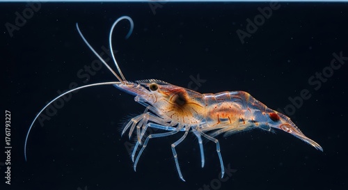 Detailed close-up of a vibrant shrimp with long antennae in a dark underwater setting