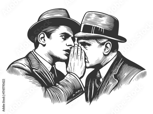 gangsters in suits and hats, secretly whispering to each other sketch engraving generative ai fictional character vector illustration. Scratch board imitation. Black and white image.