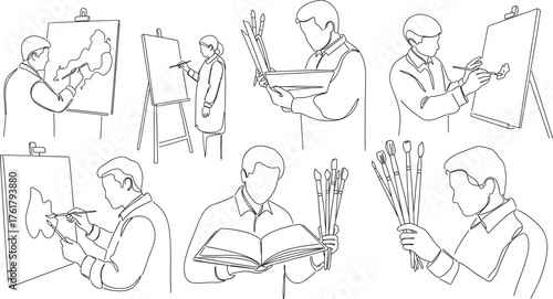 Minimalist line art illustration of artists painting, sketching, and preparing tools—creative process, inspiration, studio activity, and artistic expression.