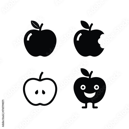 set of stylized apple icons in solid, outline, bitten, and cartoon styles.eps