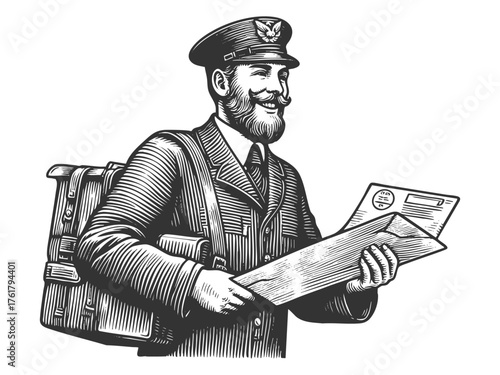 cheerful mailman, holding envelopes and a newspaper, carrying a mailbag sketch engraving generative ai fictional character vector illustration. Scratch board imitation. Black and white image.