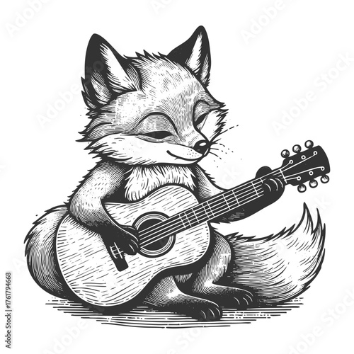 relaxed fox playing an acoustic guitar, blending animal charm with musical creativity sketch engraving generative ai fictional character vector illustration. Scratch board imitation. Black and white.
